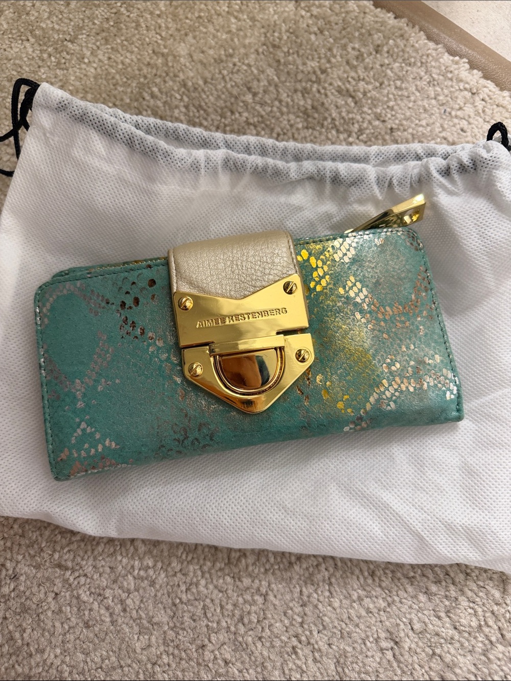 Aimee Kestenberg Teal Metallic Snake-Print wallet Clutch with Gold Accent